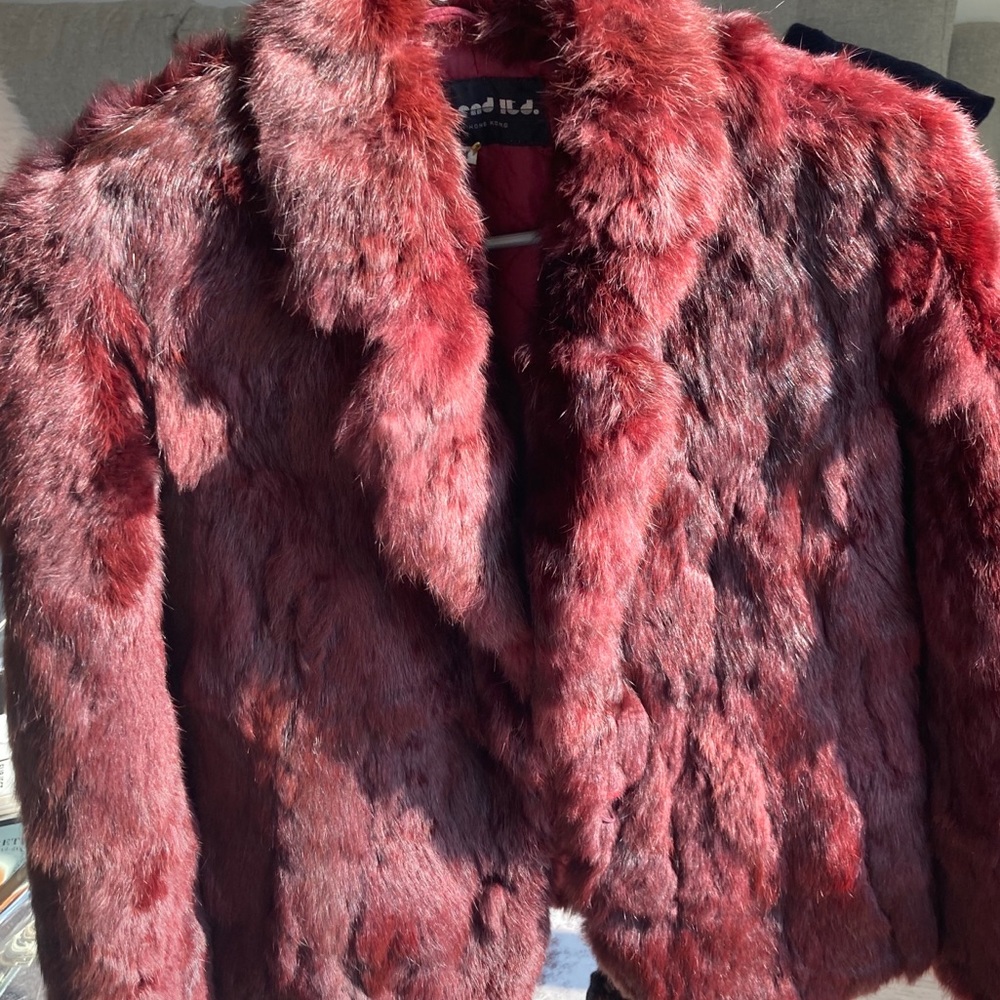 Vintage REAL RABBIT FUR Coat Jacket Maroon Red - Picture 11 of 13
